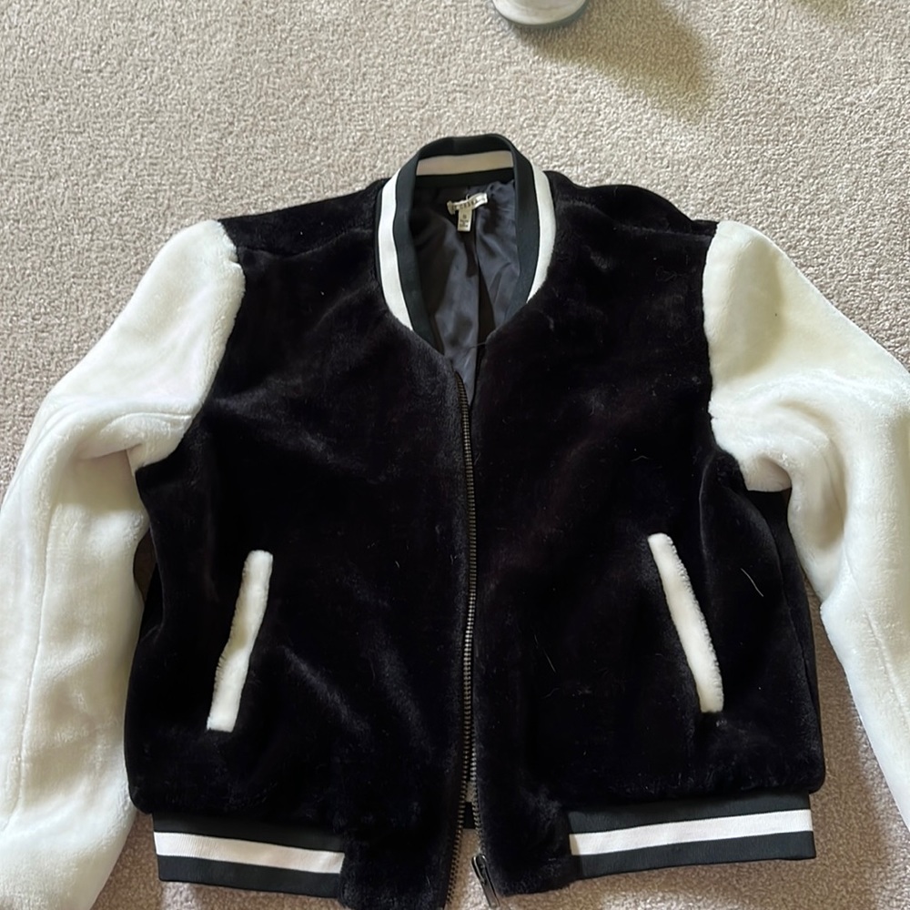 Black and white furry bomber jacket